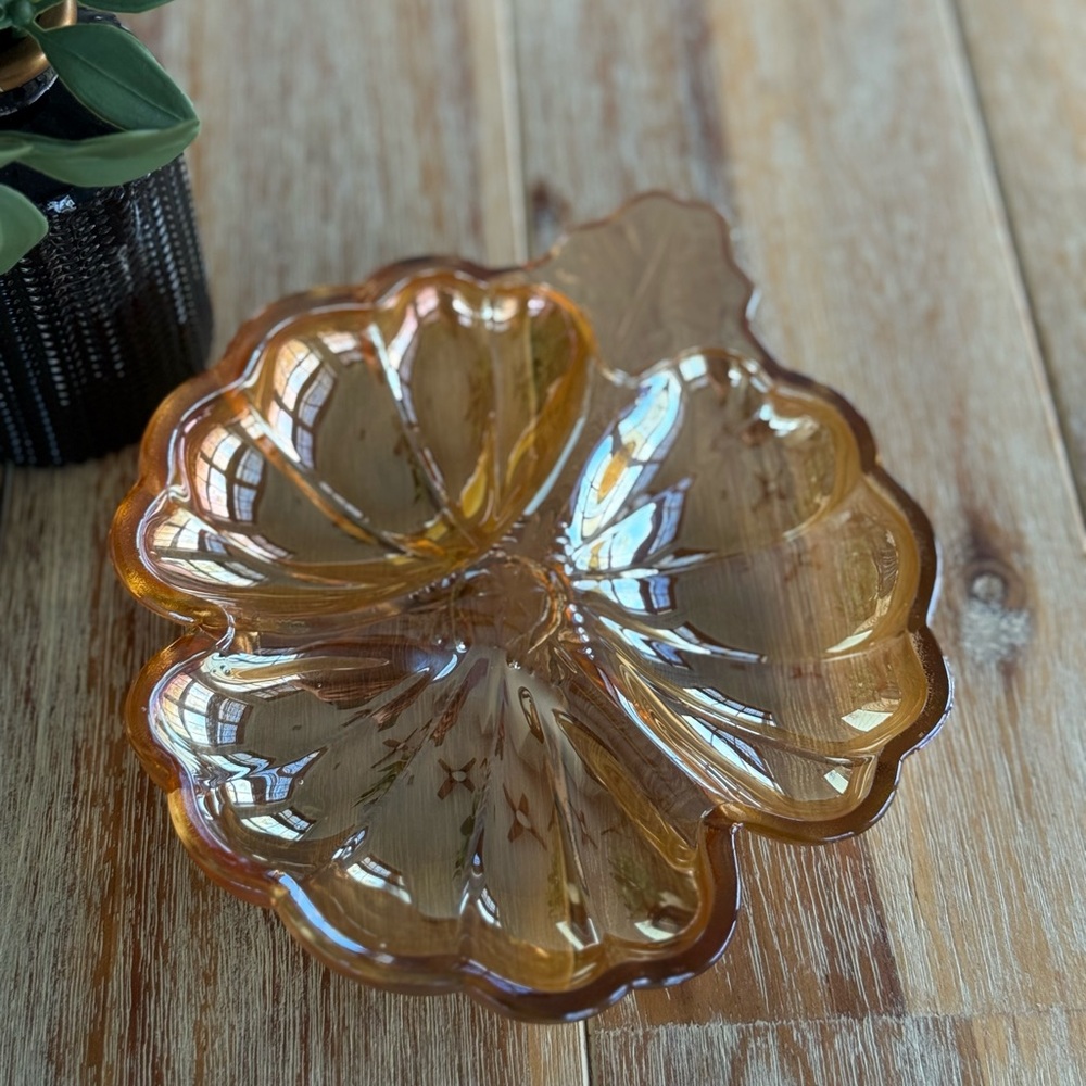 Vintage Jeannette Marigold Carnival Glass Clover Dish